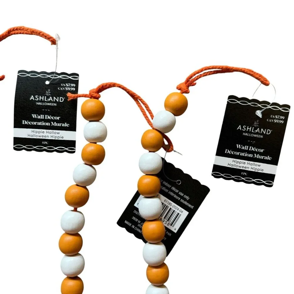 Ashland Halloween Decor Hanging Beads LOT of 17 Skulls Bats Flocked Orange NEW